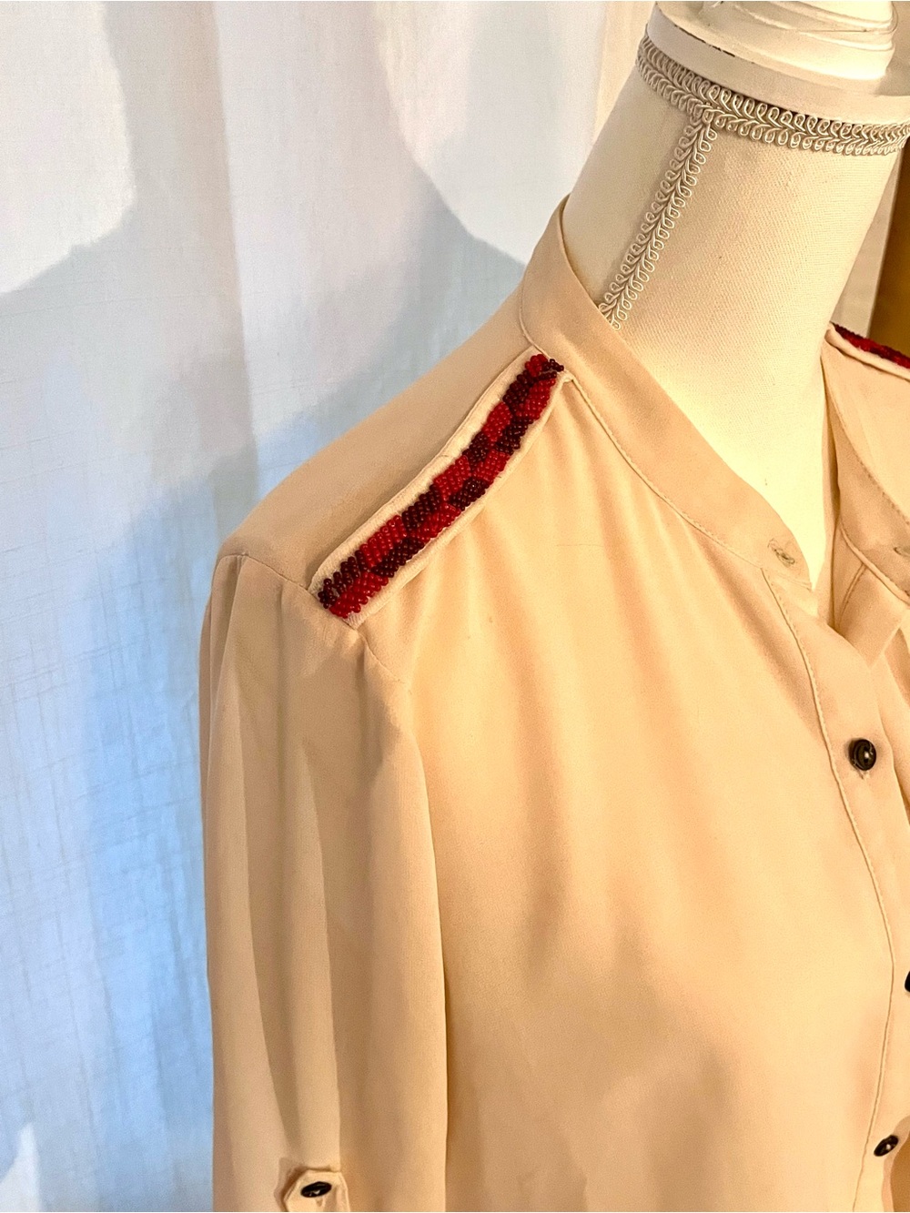 Forever 21 Cream Button-Up Blouse with Red Beaded Shoulder Accents